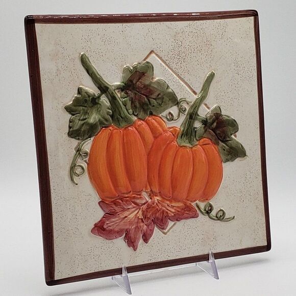 Fall Harvest 3D Orange Pumpkins Red Green Leaves Ceramic Tile Trivet Wall Decor - Picture 9 of 12